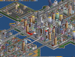 A coastal city with overhead railways